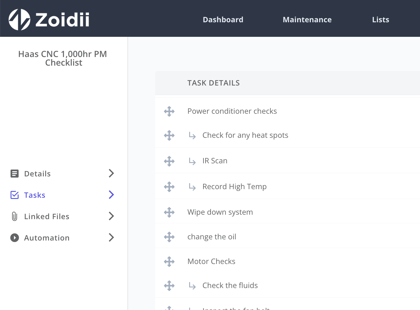Zoidii Maintenance Checklists