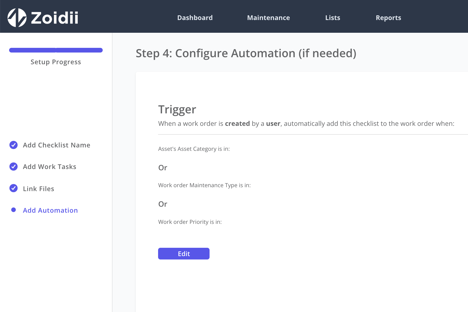 Maintenance Checklists setup