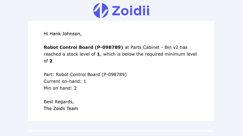 Automated CMMS Low Stock Alert