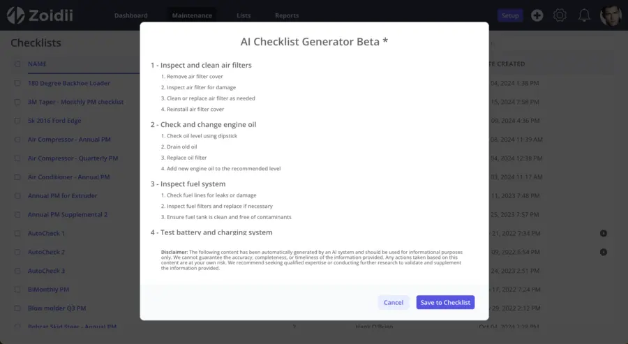 Zoidii CMMS AI Checklist generator