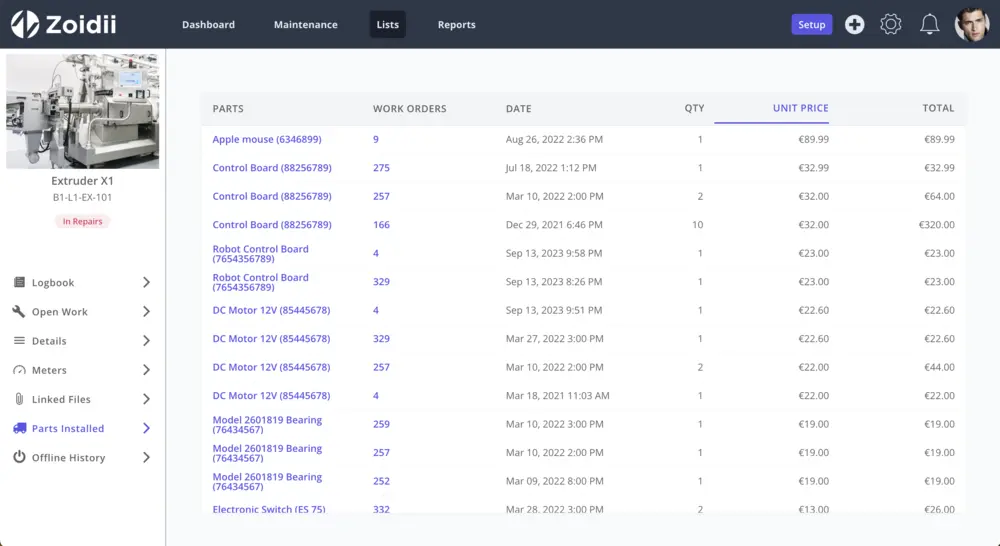 Zoidii CMMS Parts Installed on Asset