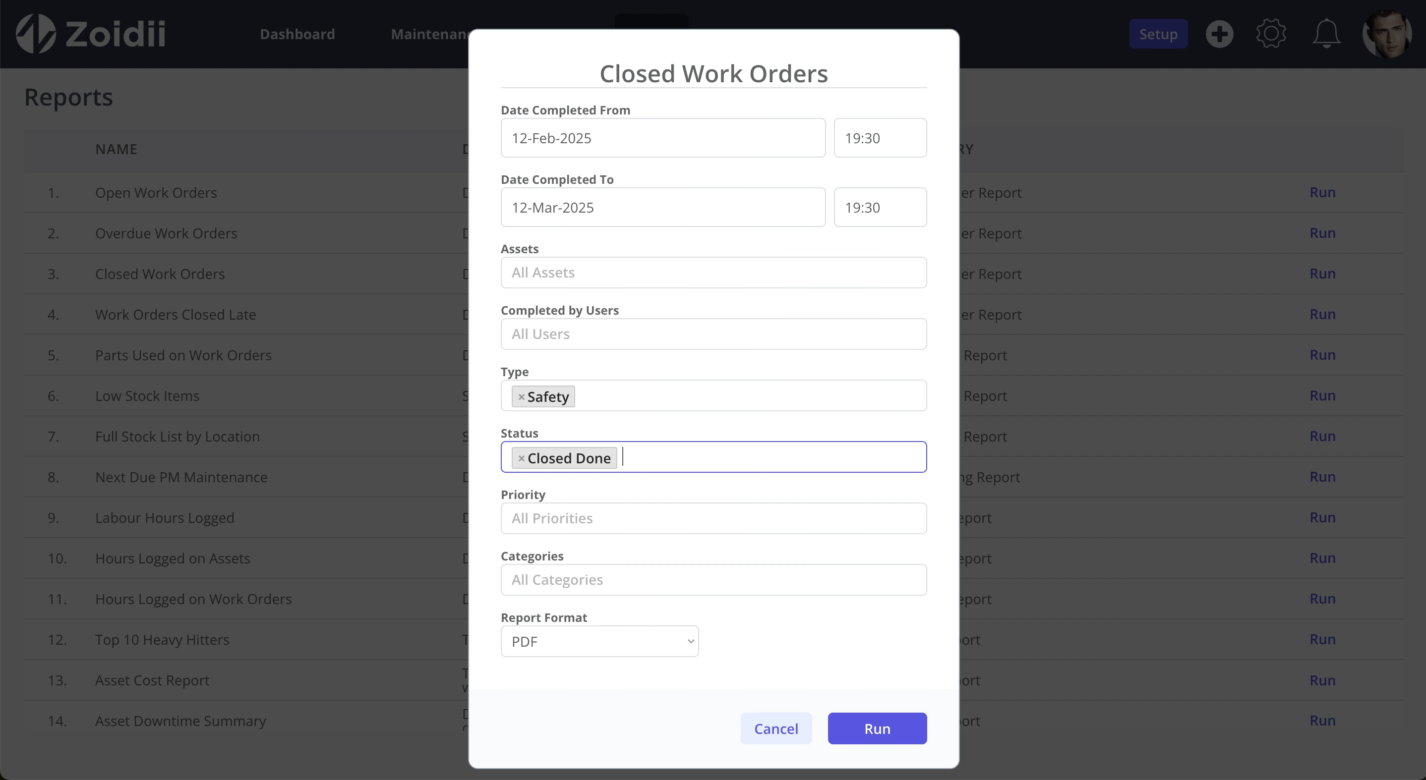 Zoidii Closed Work Order Report Filters