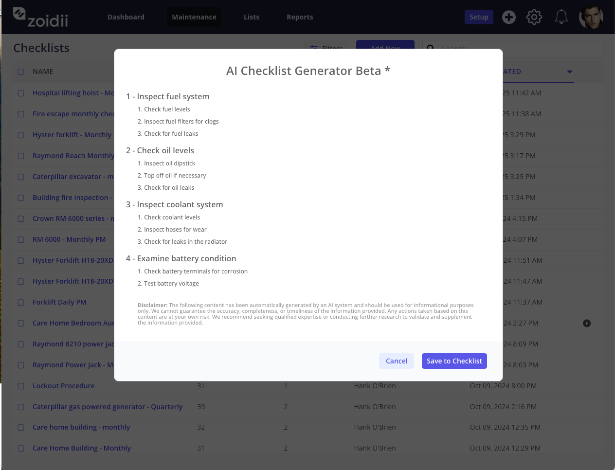Zoidii AI Maintenance Checklist Generator