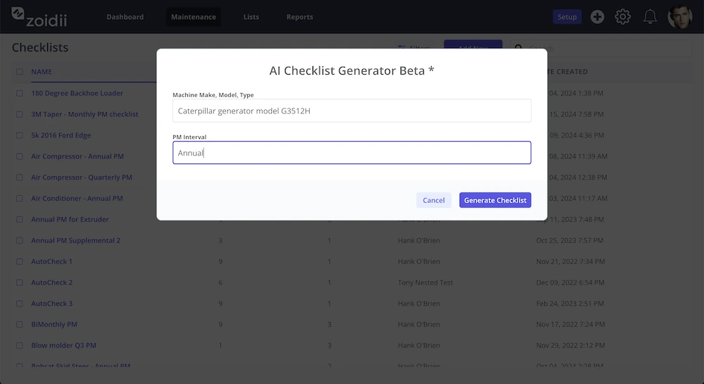 Zoidii AI Checklist Generator Initial Inputs