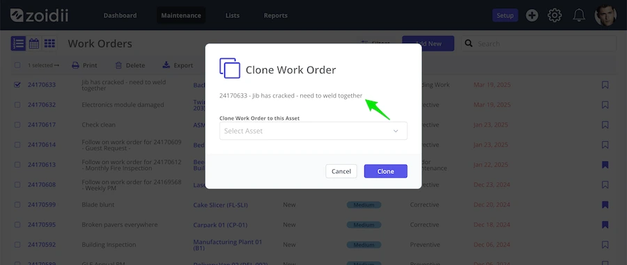 Zoidii CMMS Clone Work Order