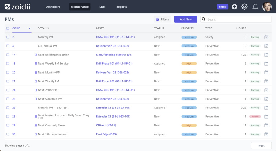Zoidii Preventive Maintenance List View