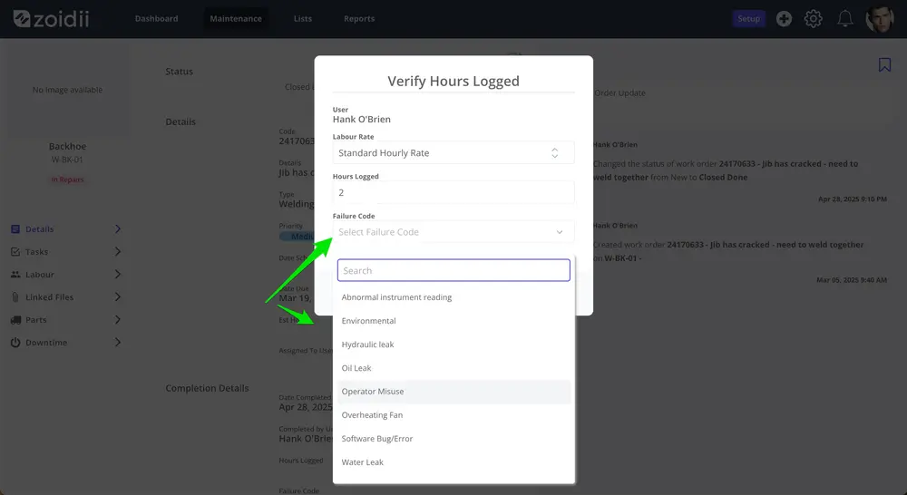 Zoidii Log a Failure Code on a Work Order