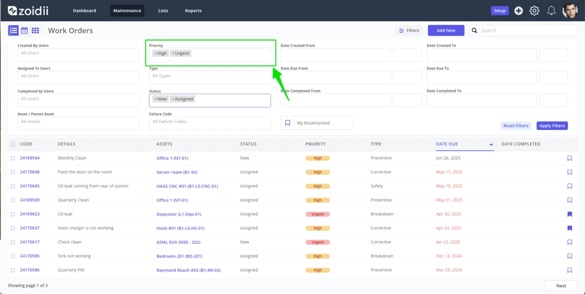 Zoidii Work Order Filtering