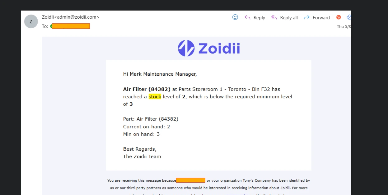 Low Stock E-mail