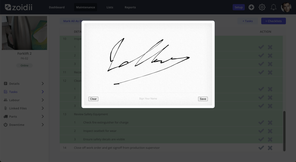 Zoidii eSignature on work order