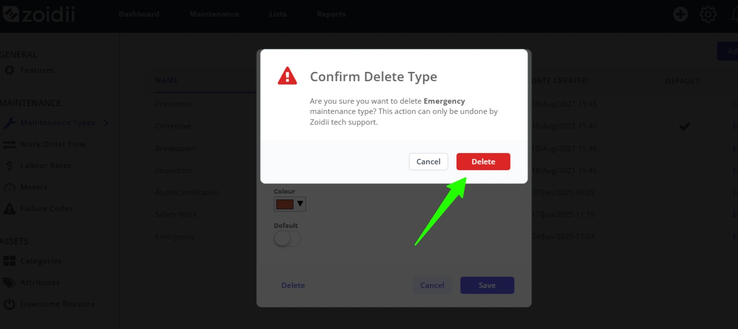 Delete a Maintenance Type - 4