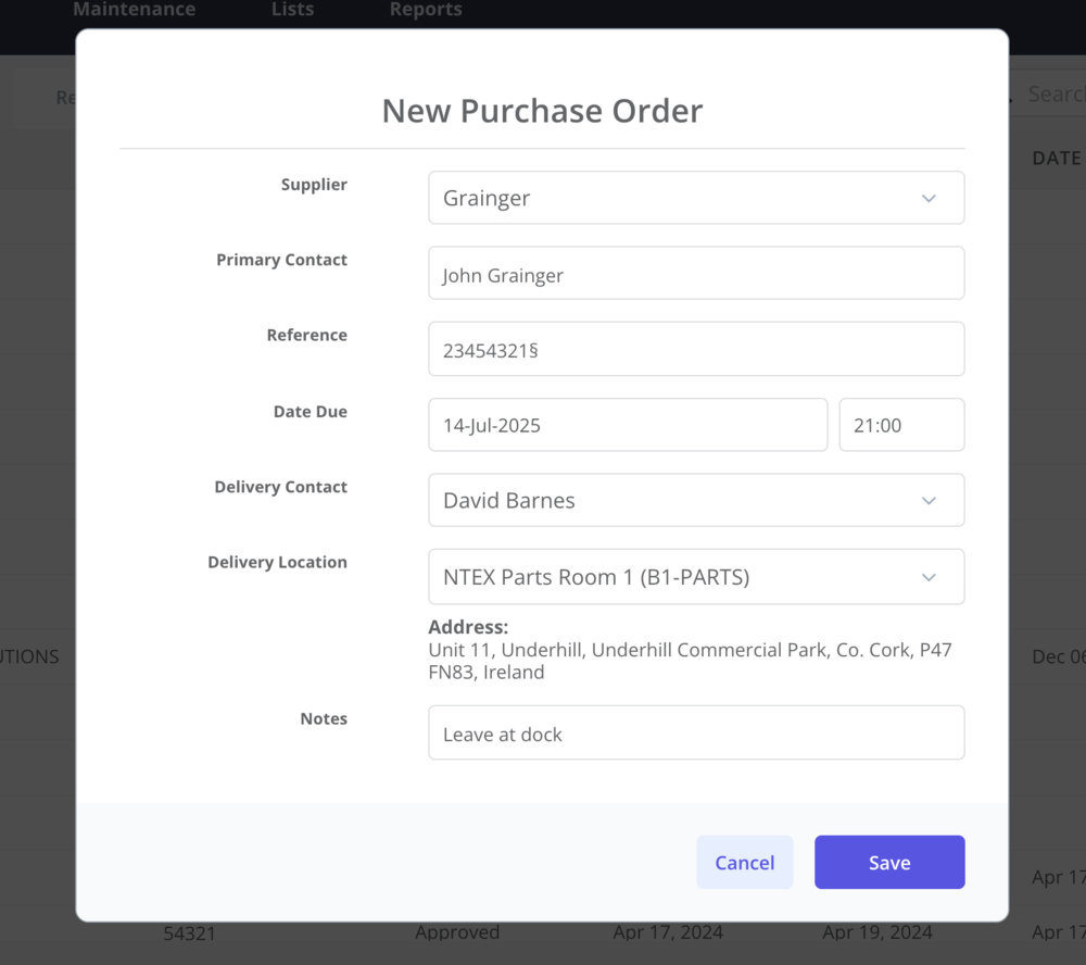 CMMS New Purchase Order