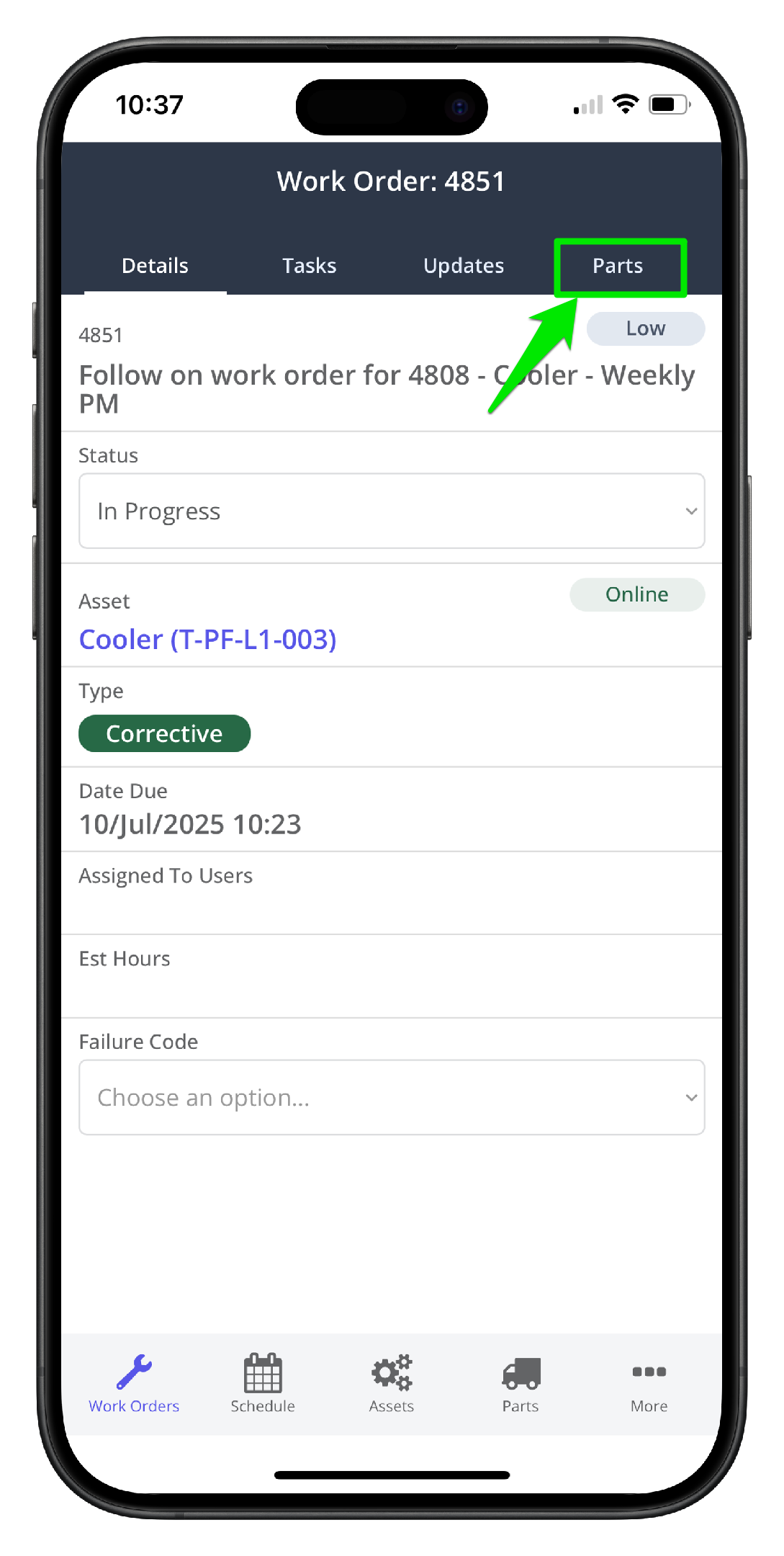 Create a parts room request on mobile - 1