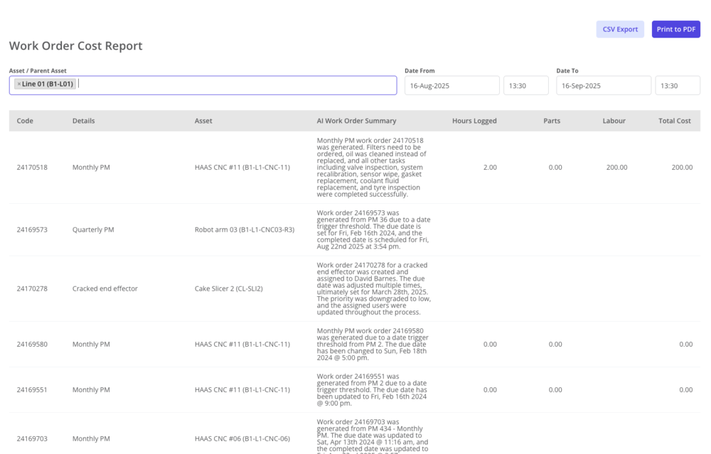 Work Order Cost Report