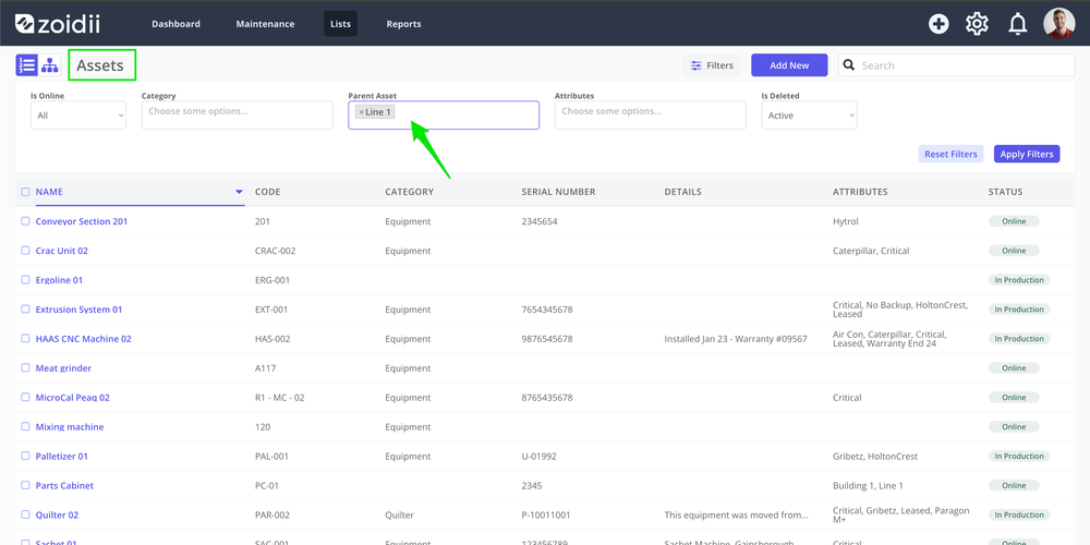 Zoidii CMMS Asset Screen Parent Asset Filter