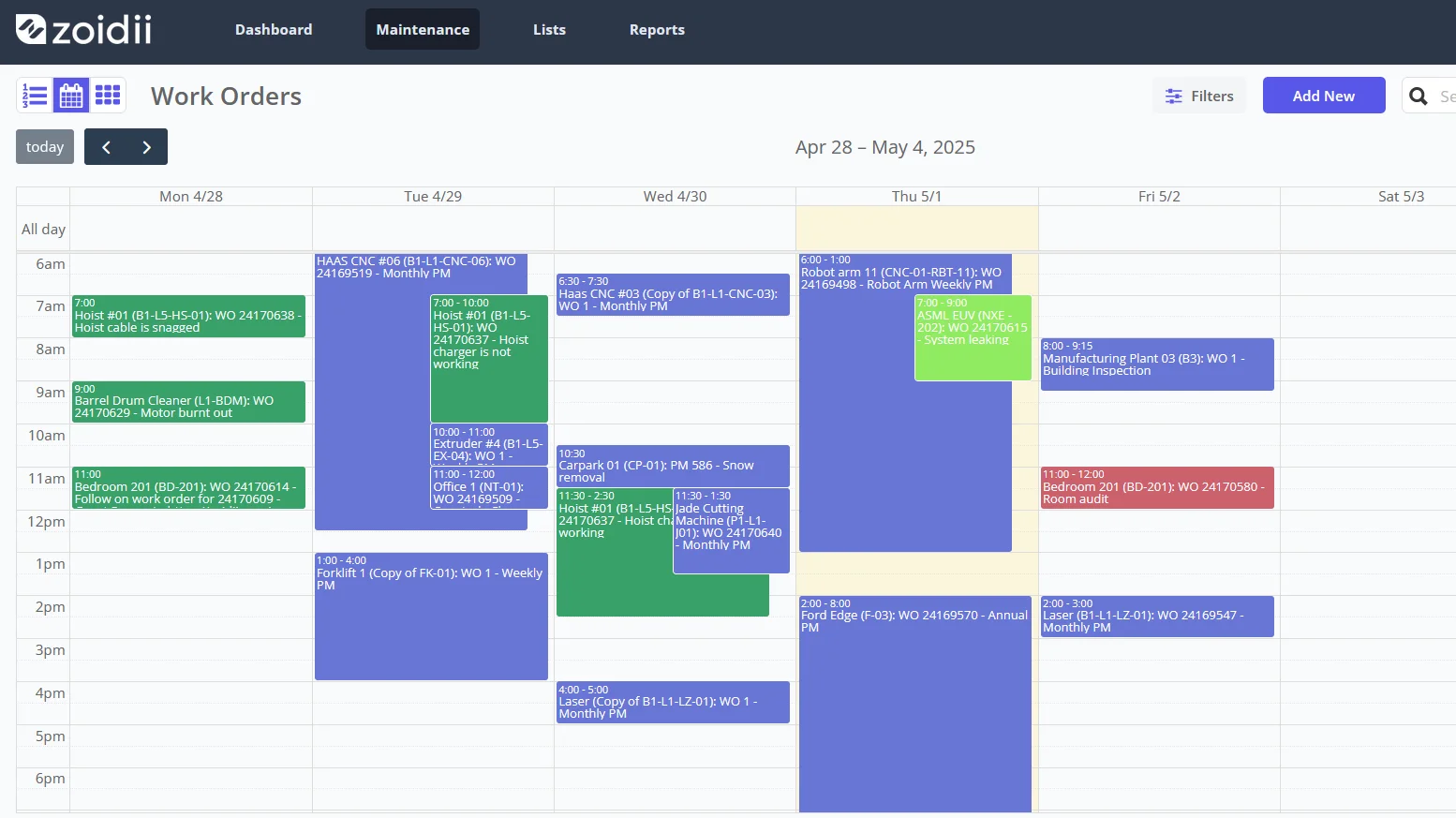 Zoidii Work Order Scheduler View