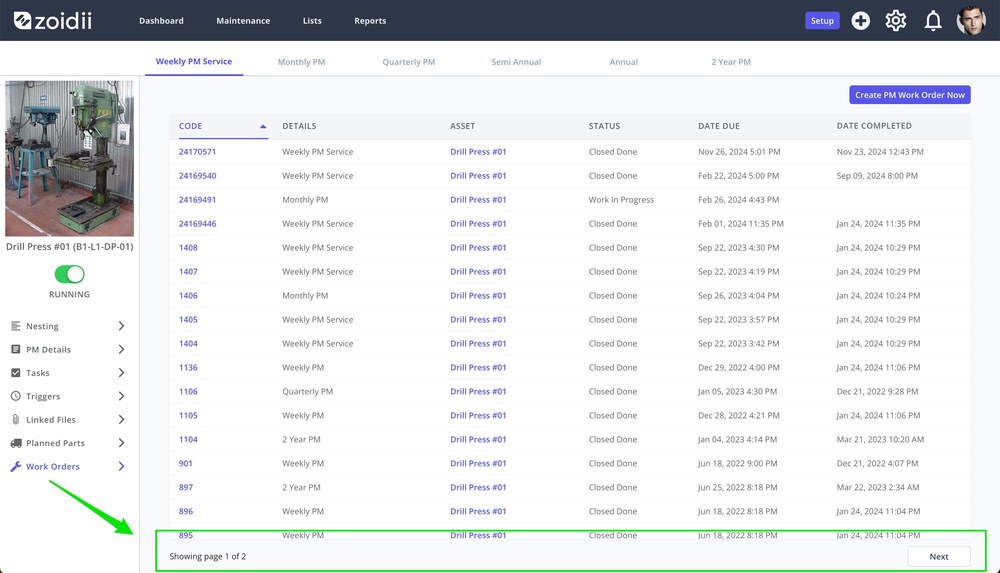 Zoidii PM Work Order Pagination