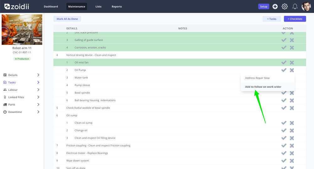 Zoidii Add Failed Task to Follow On Work Order