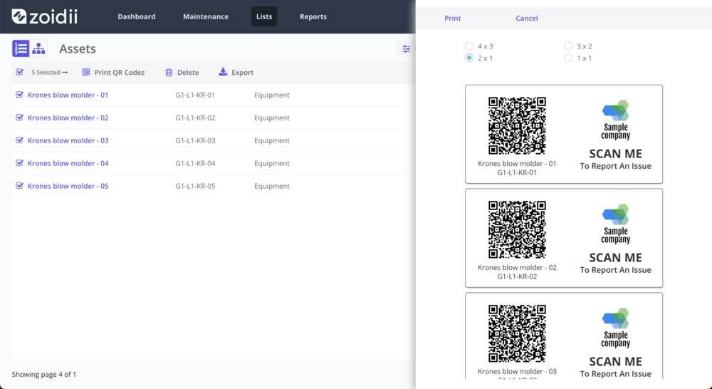 Print asset QR codes in Zoidii