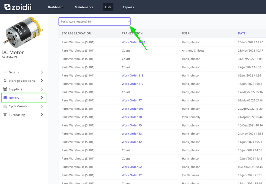 Parts Record History tab filter by parts storage location