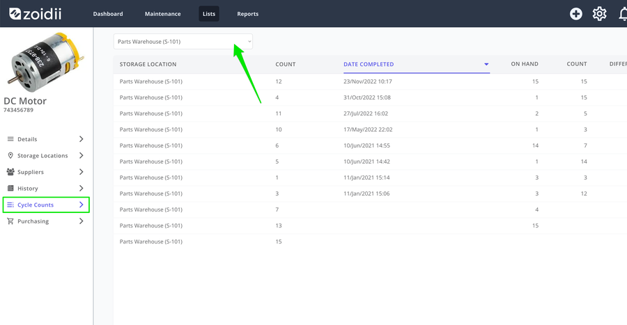 Parts Record Cycle COUNTS tab filter by parts storage location