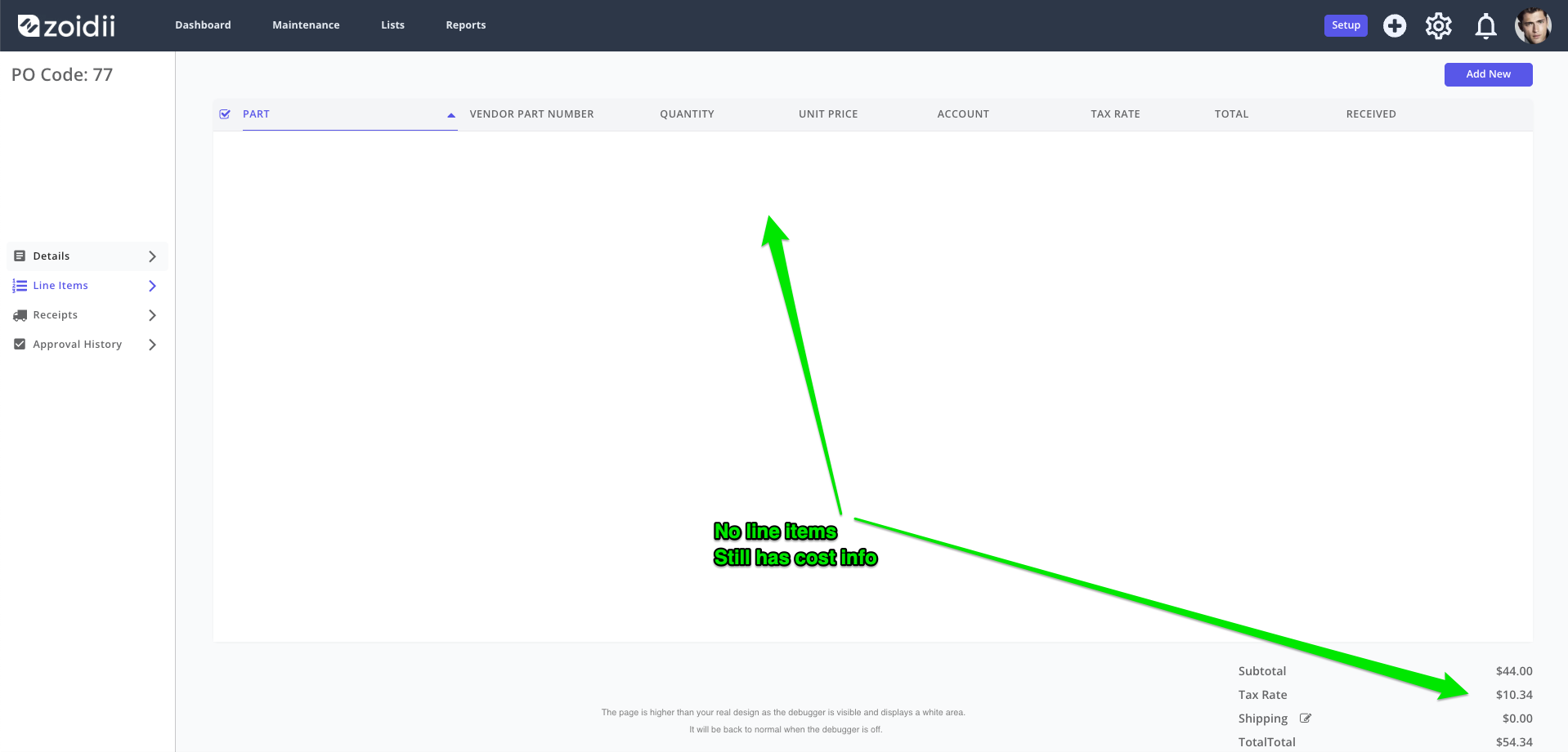 Zoidii Delete Part off Purchase Order