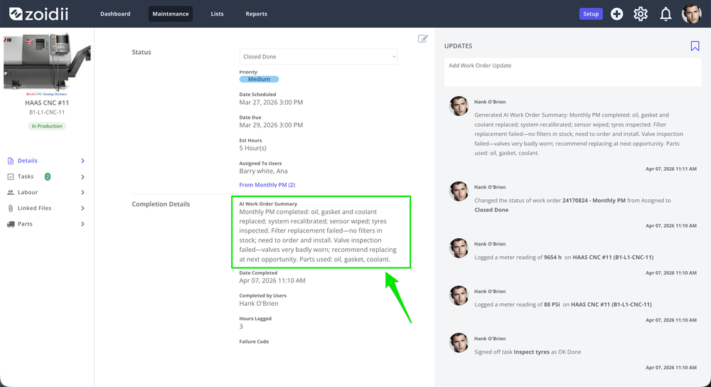 Zoidii Work Order Summary